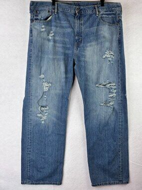 Levis 569 Jeans Mens 42x32 Blue Distressed Loose Straight Leg Denim Pants